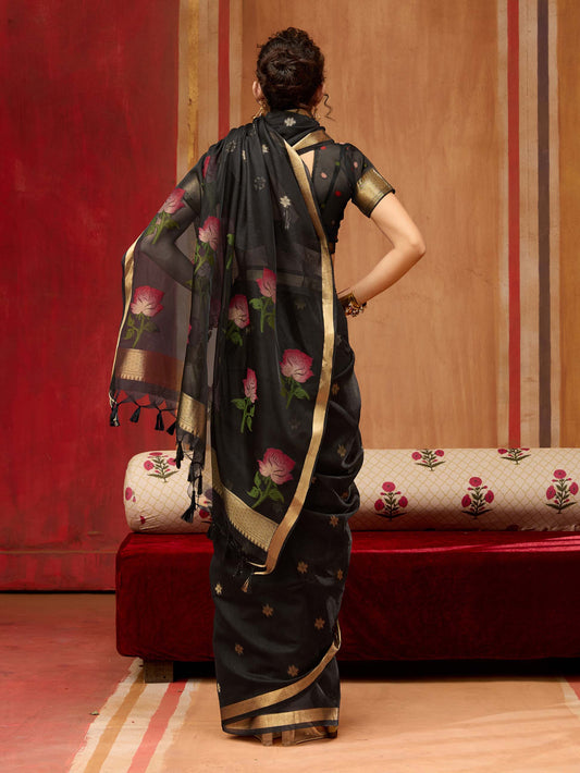 Black Munga Silk Handloom Saree with Gold Zari Floral Pallu