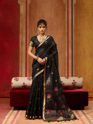 Black Munga Silk Handloom Saree with Gold Zari Floral Pallu