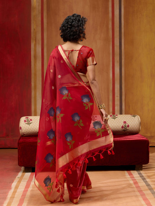Red Munga Silk Handloom Saree with Gold Zari Floral Pallu