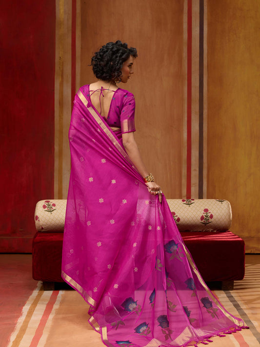 Pink Munga Silk Handloom Saree with Gold Zari Floral Pallu