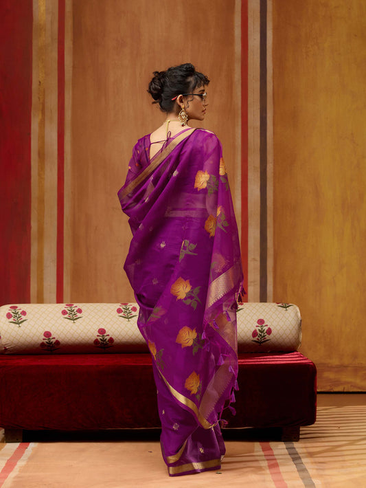 Royal Purple Munga Silk Handloom Saree with Gold Zari Floral Pallu