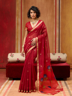 Red Munga Silk Handloom Saree with Gold Zari Floral Pallu