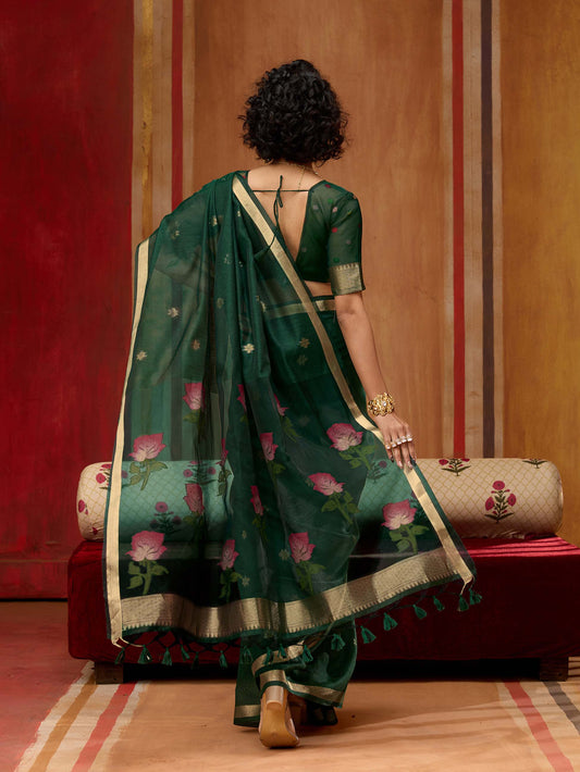Bottle Green Munga Silk Handloom Saree with Gold Zari Floral Pallu