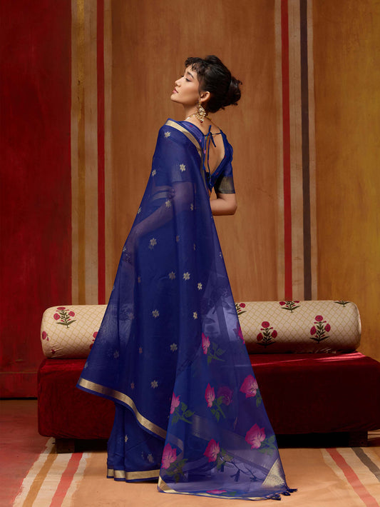 Deep Royal Blue Munga Silk Handloom Saree with Gold Zari Floral Pallu