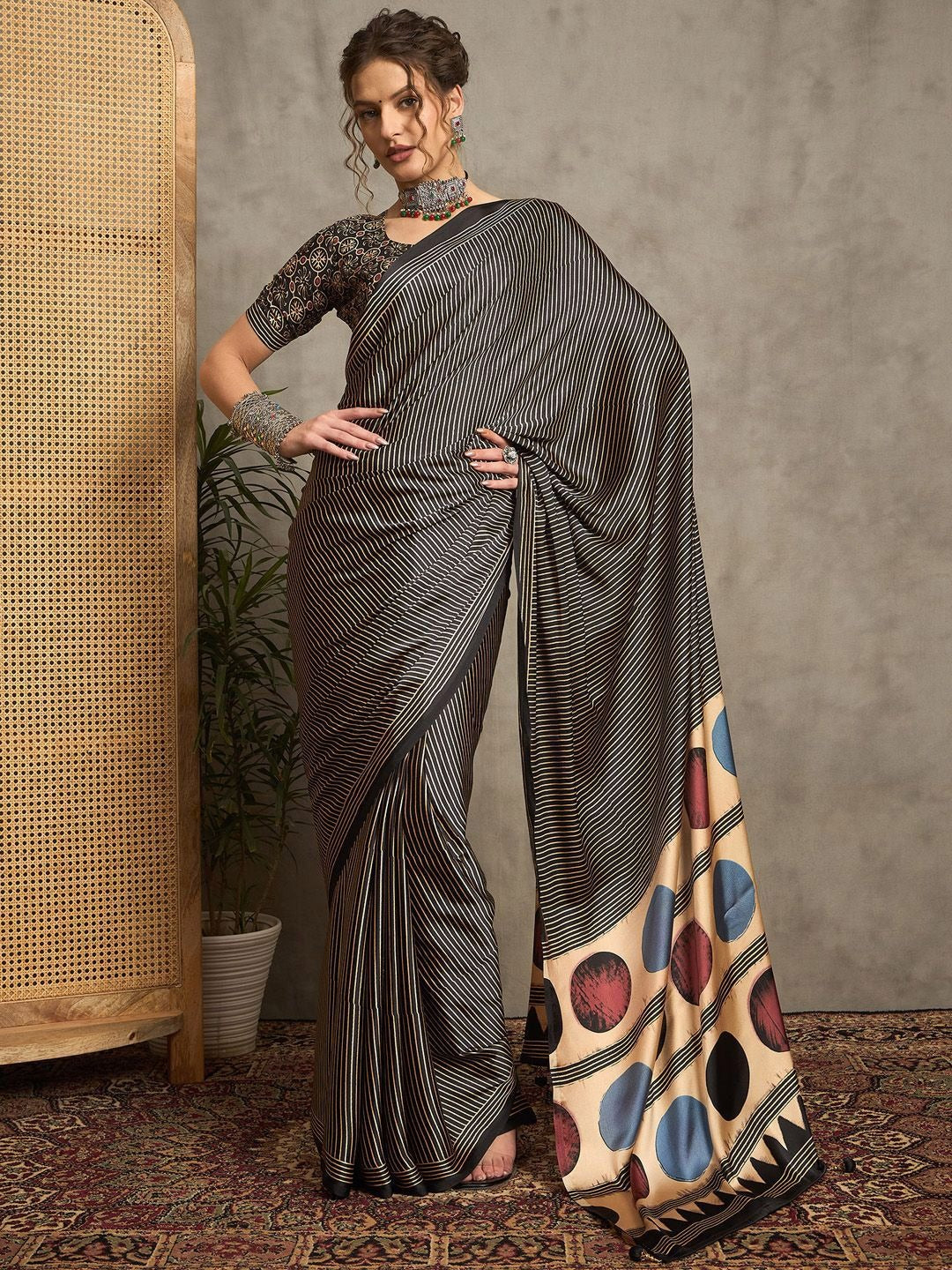Beige and Black Gajji Silk Saree with Multicolor Polka Pallu