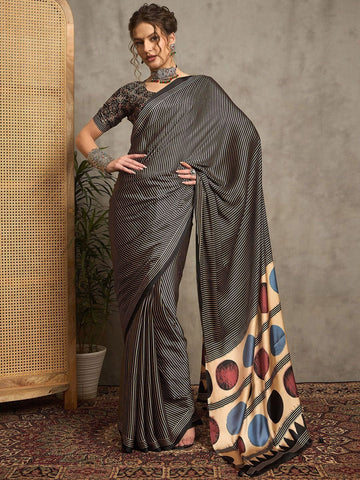 Beige and Black Gajji Silk Saree with Multicolor Polka Pallu