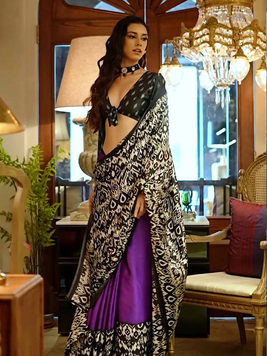 Elegant Patola-Print Satin Crepe Saree - Black Purple