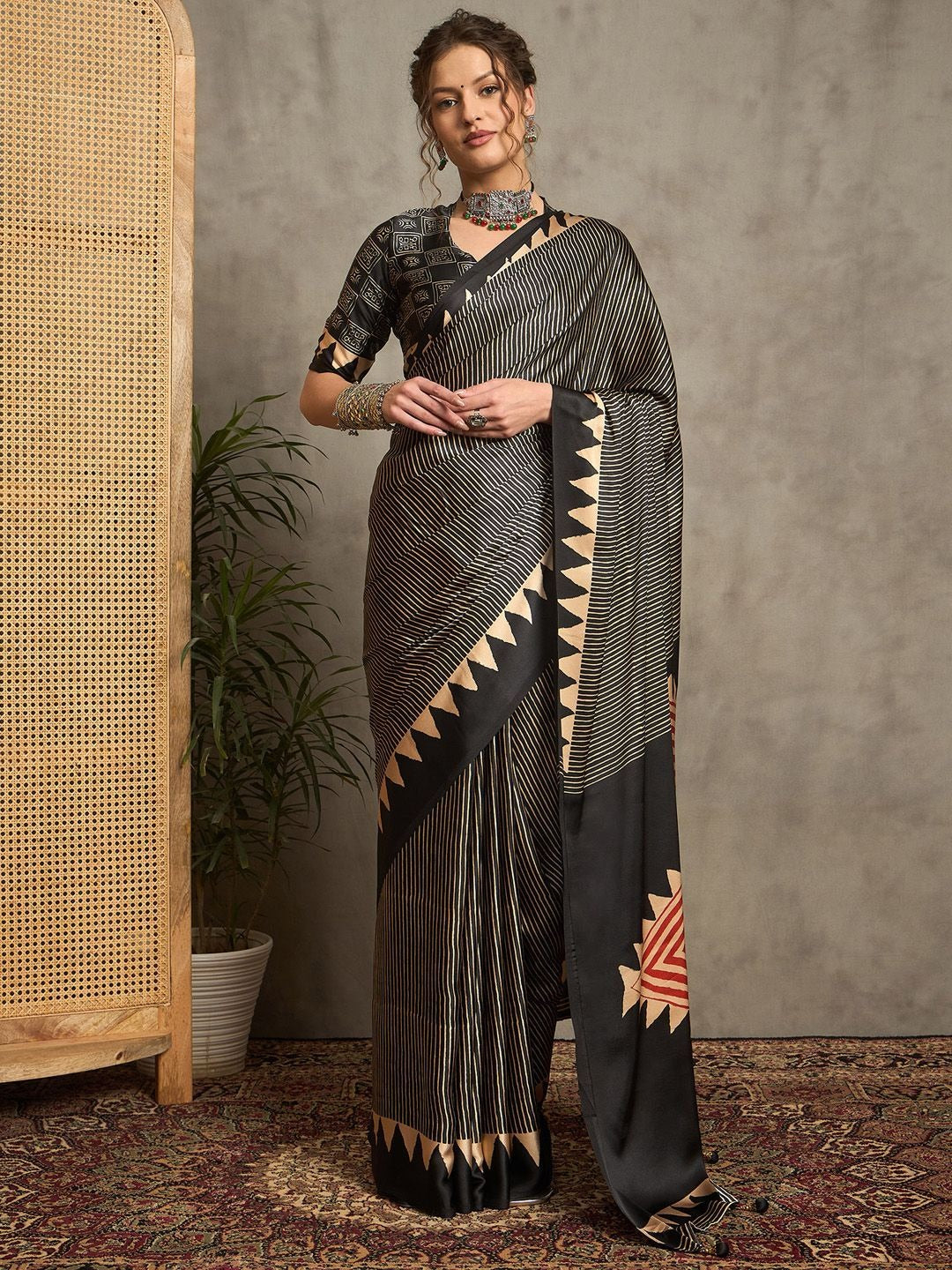 Black Gajji Silk Saree with Tribal Red Geometric Motif & Contrast Bord