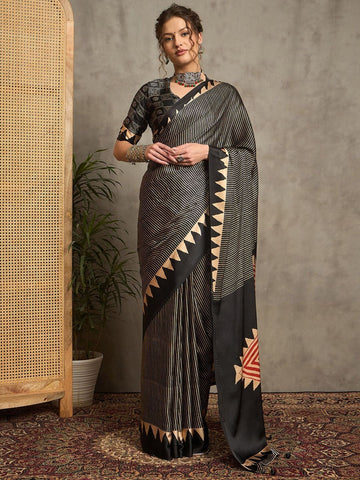 Black Gajji Silk Saree with Tribal Red Geometric Motif & Contrast Bord