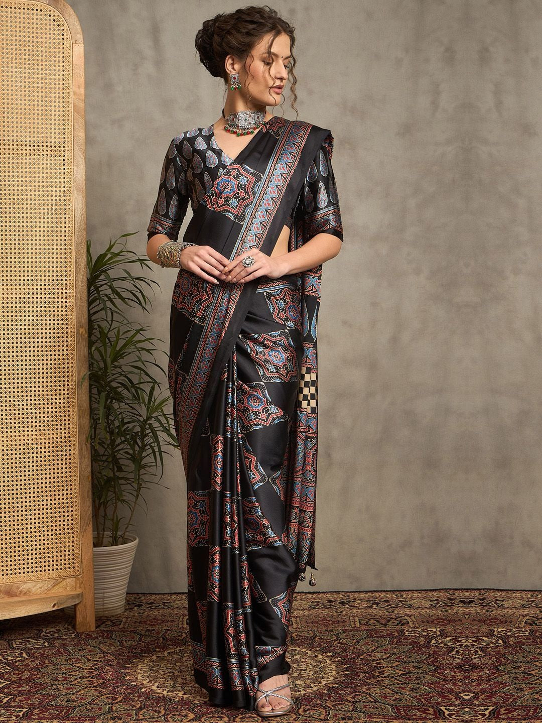 Black Gajji Silk Saree with Multicolor Ajrakh Motifs & Designer Pallu