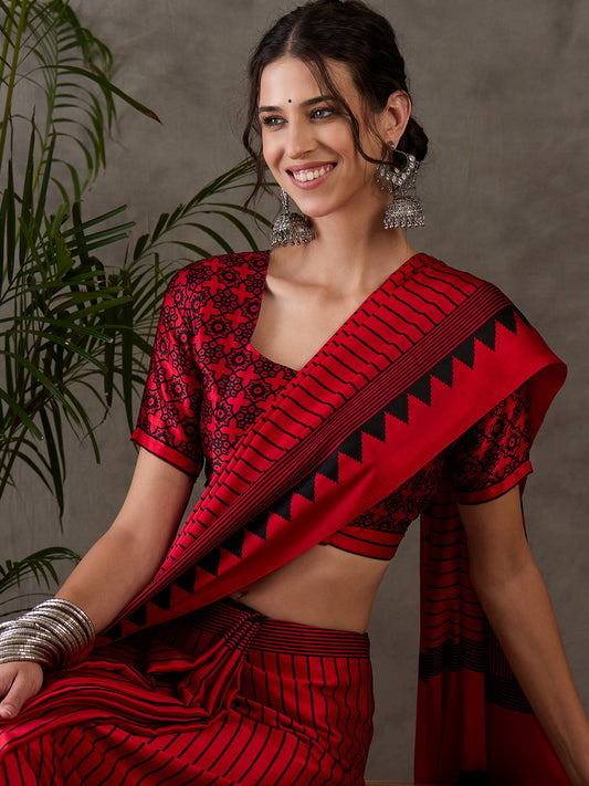 Ajrakh Printed Silk Saree - Red