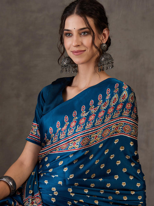 Ajrakh Printed Silk Saree - Blue