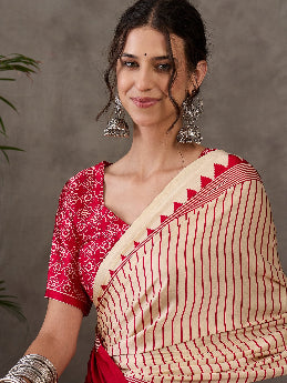 Ajrakh Printed Silk Saree - Cream and Red