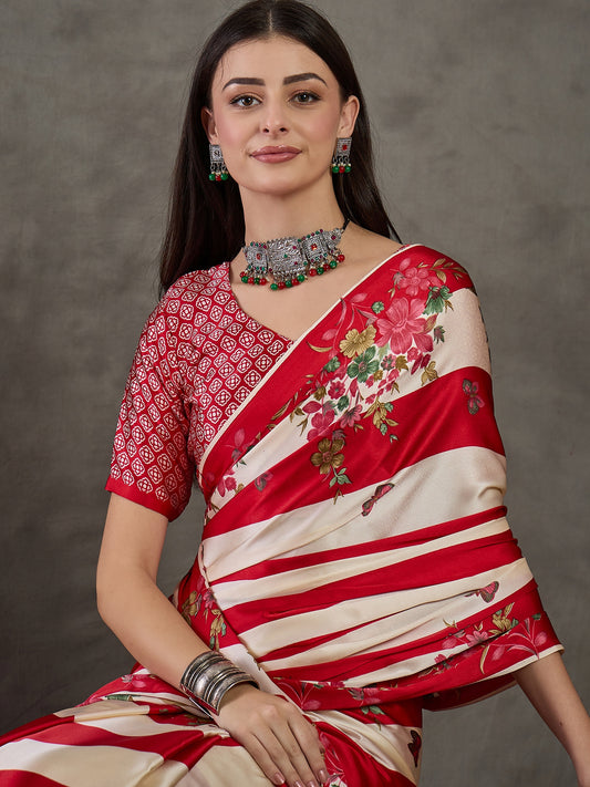 Ajrakh Printed Silk Saree - Red and Cream