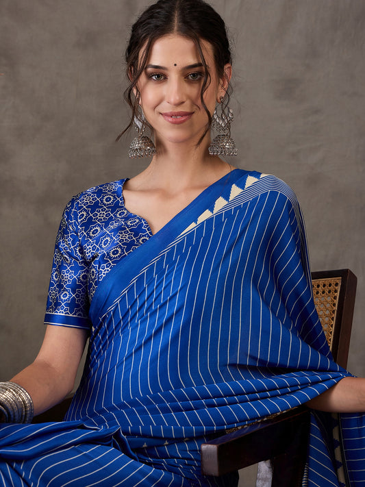 Ajrakh Printed Silk Saree - Blue