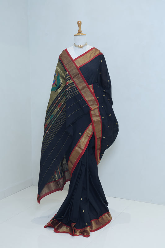 Black Handwoven Cotton Paithani With Red Coloured Contrast Border