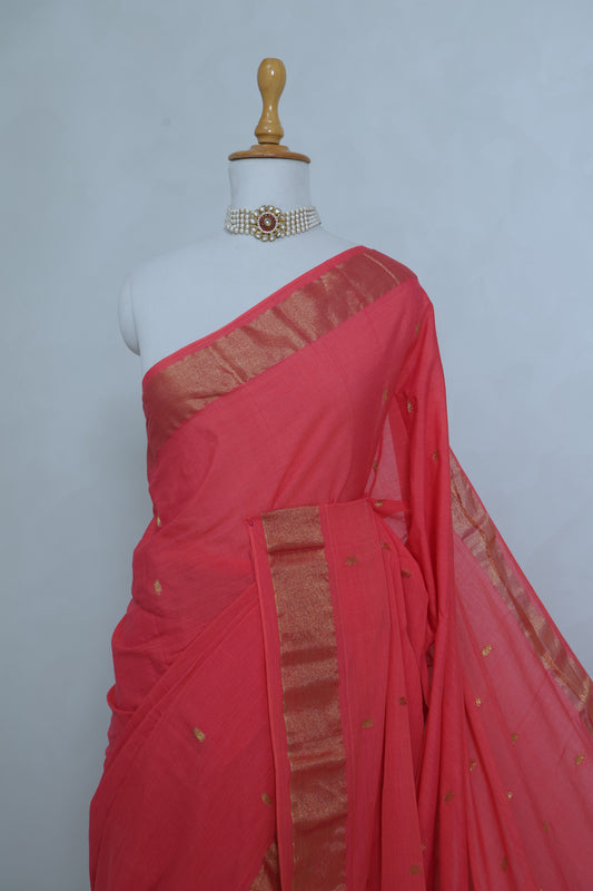 Pink Handwoven Monotone Cotton Paithani