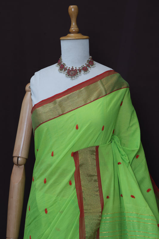 Pista Handwoven Cotton Paithani with Red Contrast Border
