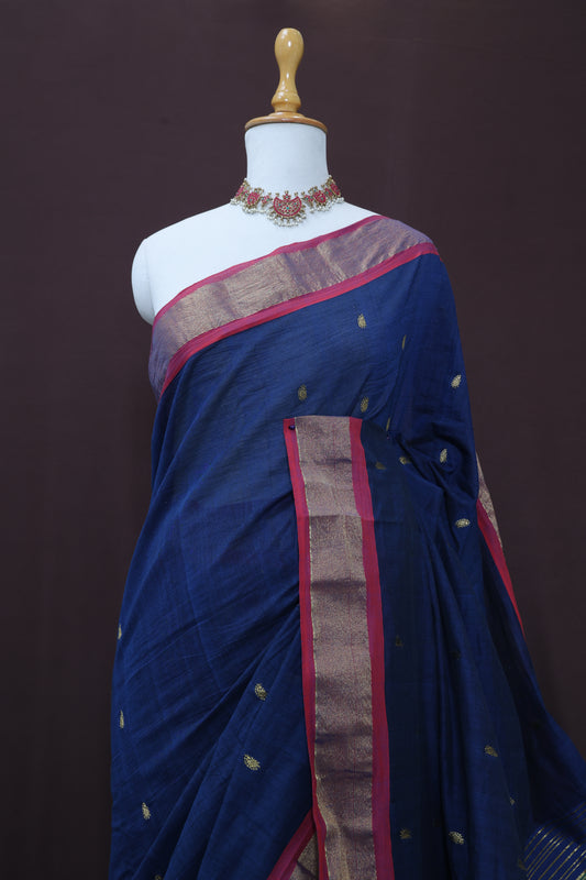 Blue Handwoven Cotton Paithani With Pink Coloured Contrast Border