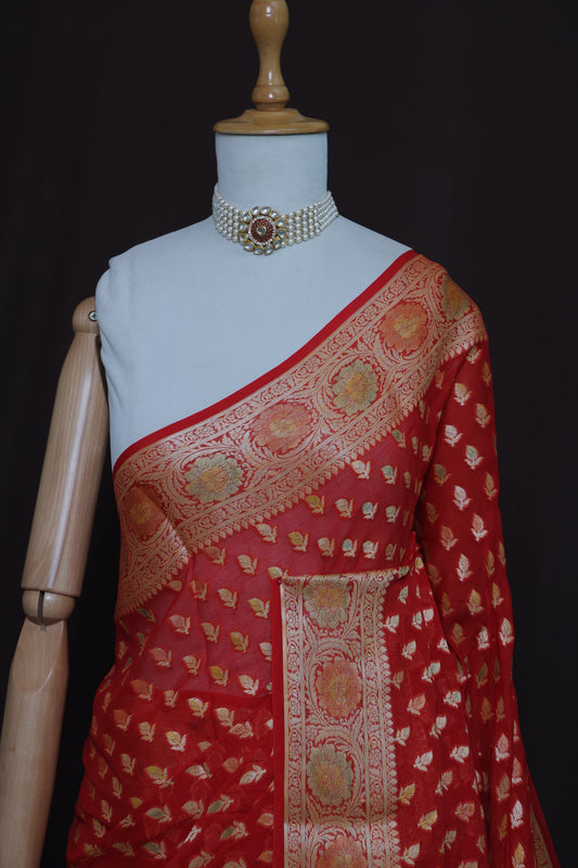 Pure Red Khaddi Georgette Banarasi Silk Saree with Zari