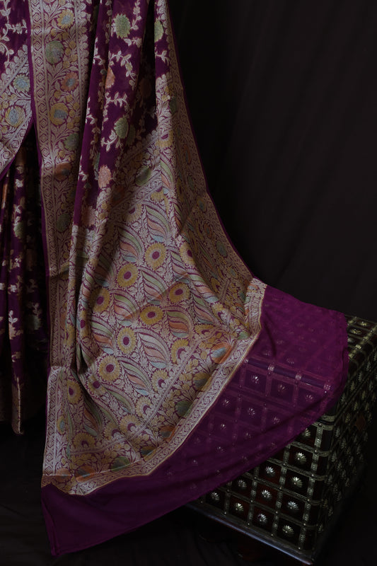 Pure Purple Khaddi Georgette Banarasi Silk Saree with Zari