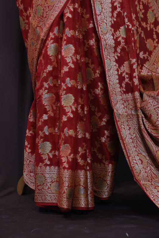 Pure Crimson Red Banarasi Silk Saree with Zari