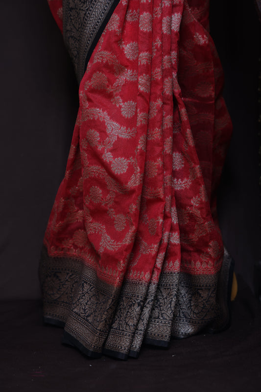 Pure Banarasi Khaddi Georgette Silk Saree with Crimson Red Body & Black Pallu