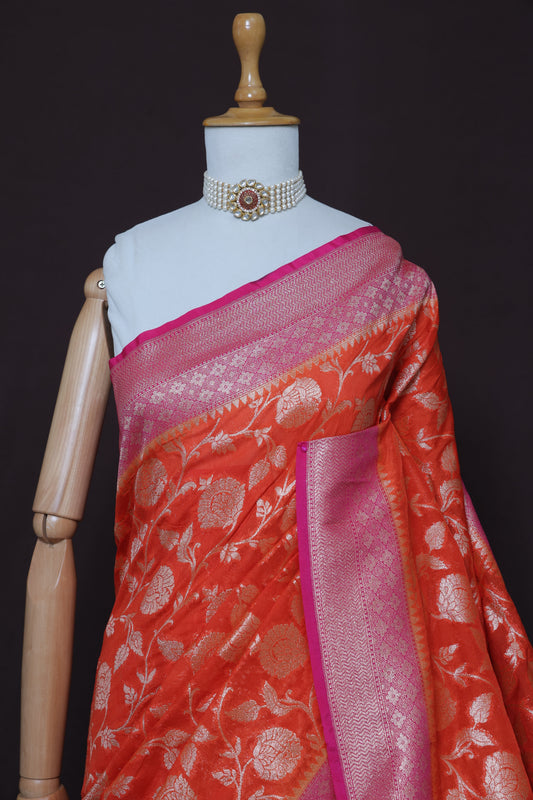 Pure Coral Orange Banarasi Silk Saree with Pink Pallu & Zari