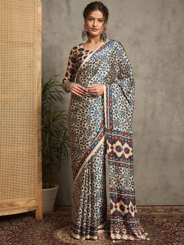 Royal Gajji Silk Saree in Cream & Indigo with Traditional Ajrakh Print