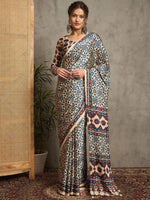 Royal Gajji Silk Saree in Cream & Indigo with Traditional Ajrakh Print