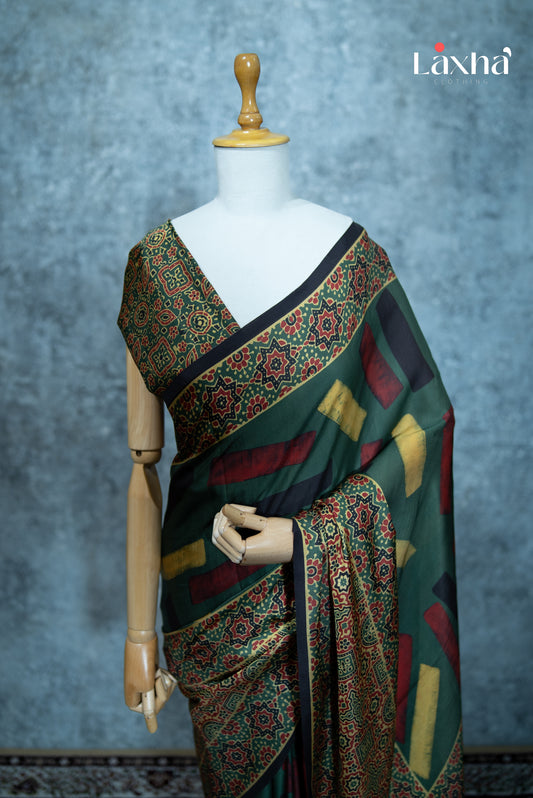 Everyday Ajrakh Printed Saree - Green