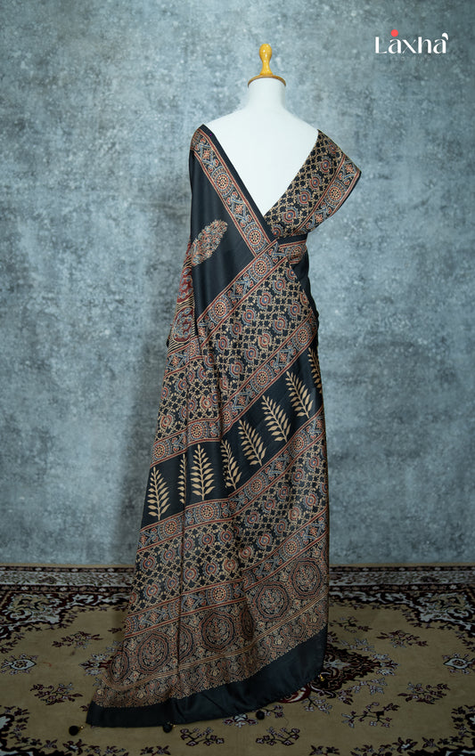 Everyday Ajrakh Printed Saree - Black and Beige