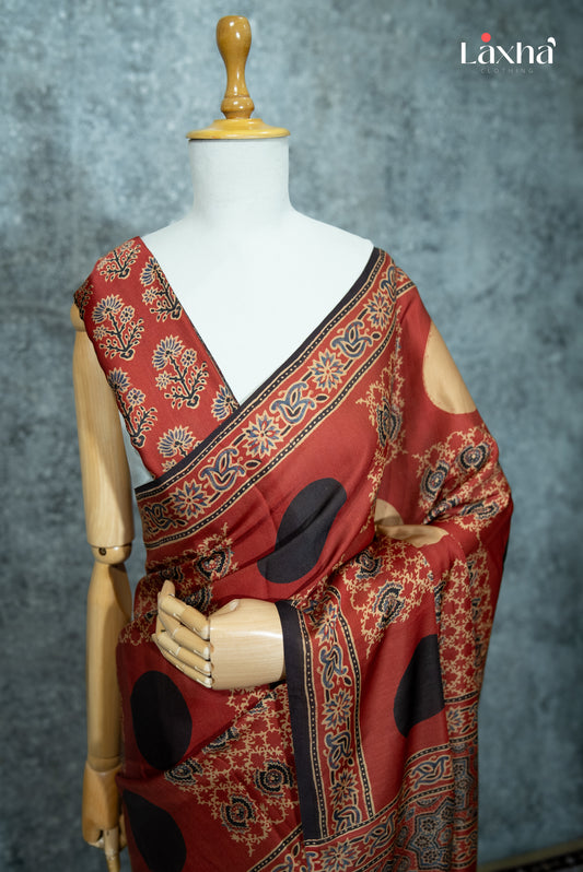 Everyday Ajrakh Printed Saree - Rust