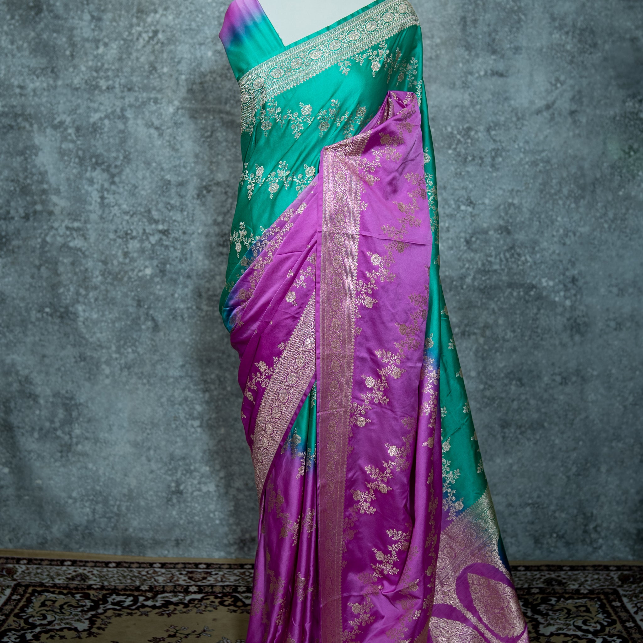 Pure Banarasi Katan Silk Saree – Emerald Green & Magenta