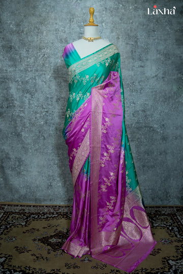 Pure Banarasi Katan Silk Saree – Emerald Green & Magenta