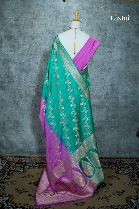 Pure Banarasi Katan Silk Saree – Emerald Green & Magenta