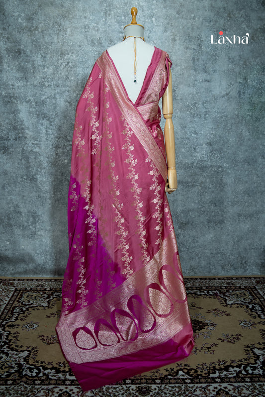 Pure Banarasi Katan Silk Saree – Peach & Pink