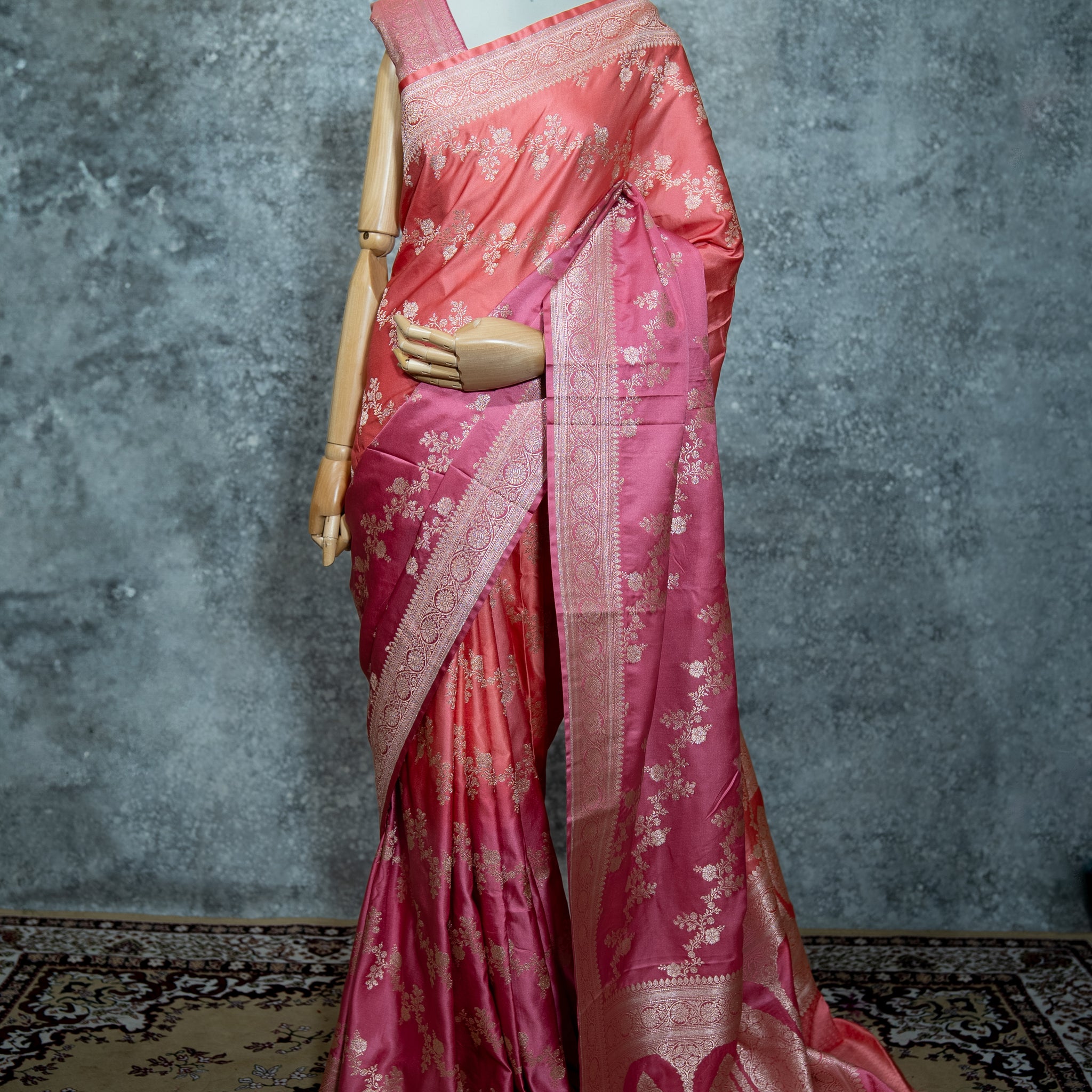 Pure Banarasi Katan Silk Saree – Peach & Pink