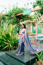 Pure Banarasi Tissue Silk with Hand Embroidered Kardana Border - Starry Blue