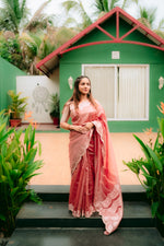 Pure Banarasi Tissue Silk with Hand Embroidered Kardana Border - Rust Orange