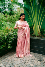 Pure Banarasi Tissue Silk with Hand Embroidered Kardana Border - Rose Pink