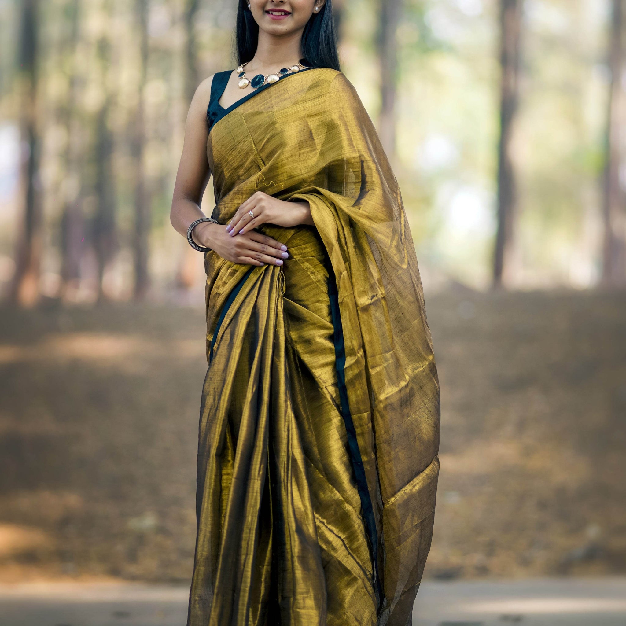 Metallic Tissue Saree - Bronze Gold - - Laxha Clothing - www.laxhaclothing.com