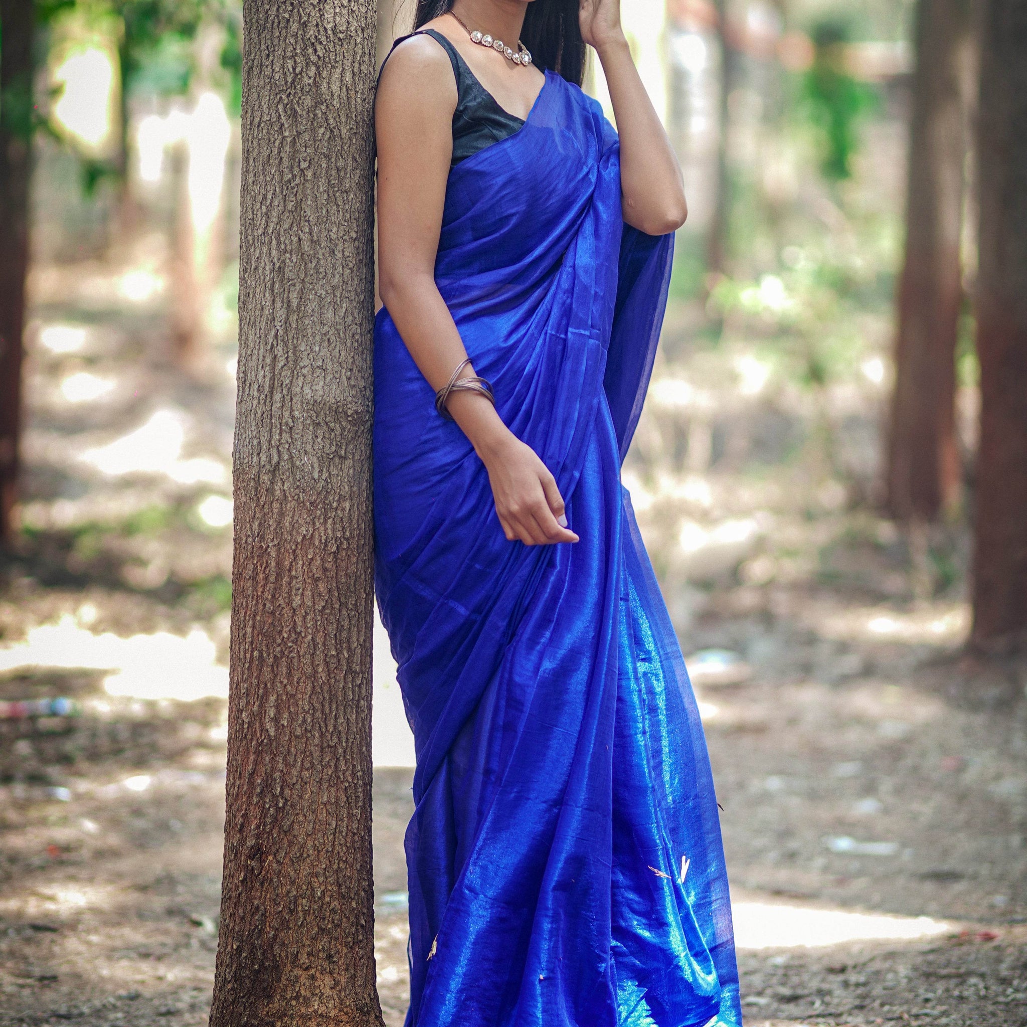 Metallic Tissue Saree - Dark Blue - - Laxha Clothing - www.laxhaclothing.com