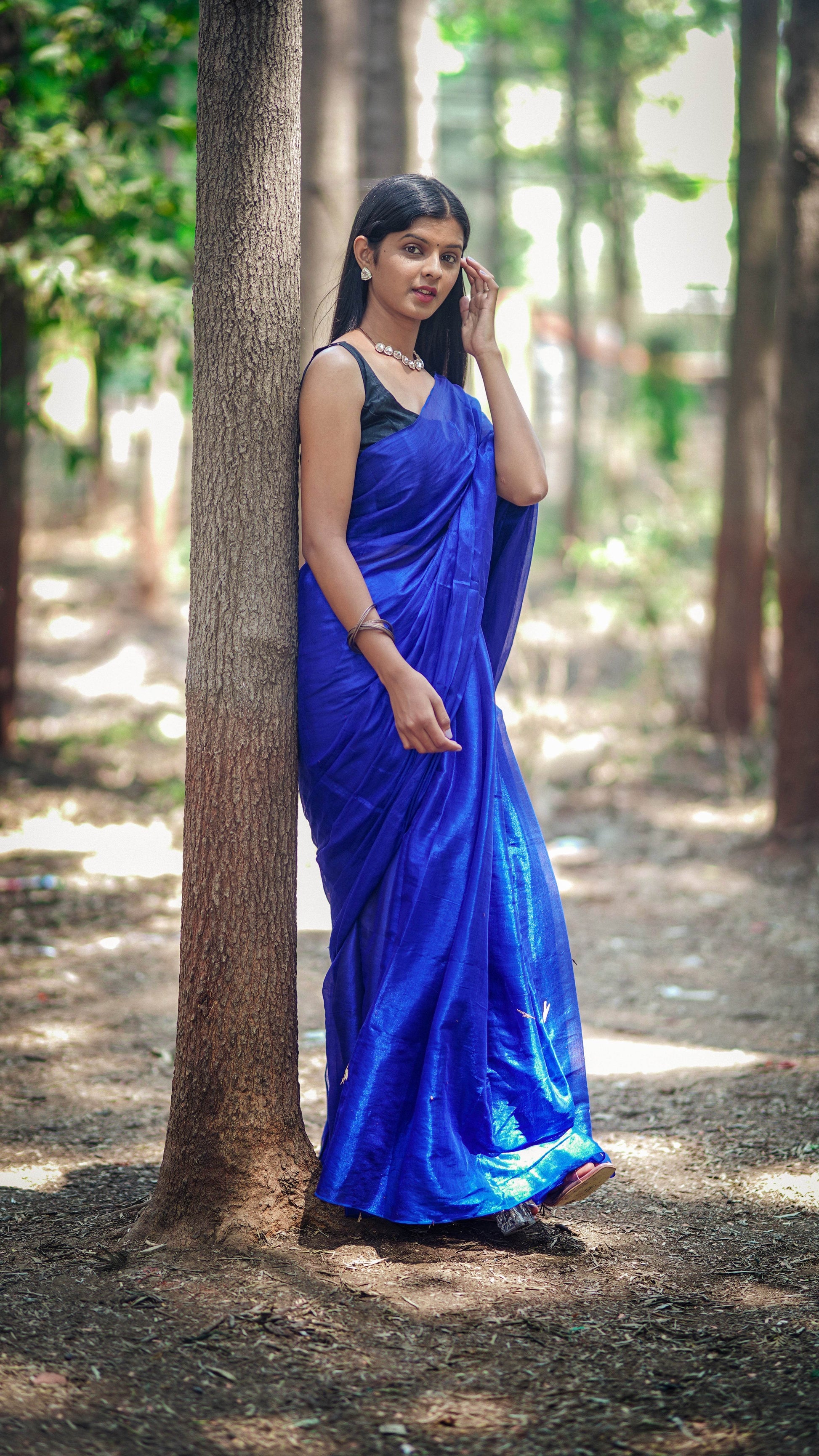 Metallic Tissue Saree - Dark Blue - - Laxha Clothing - www.laxhaclothing.com