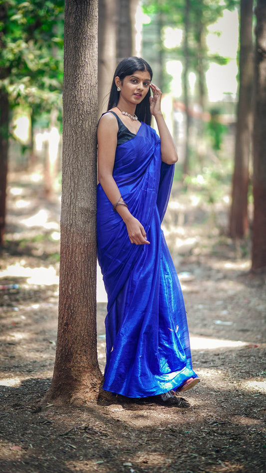 Metallic Tissue Saree - Dark Blue - - Laxha Clothing - www.laxhaclothing.com