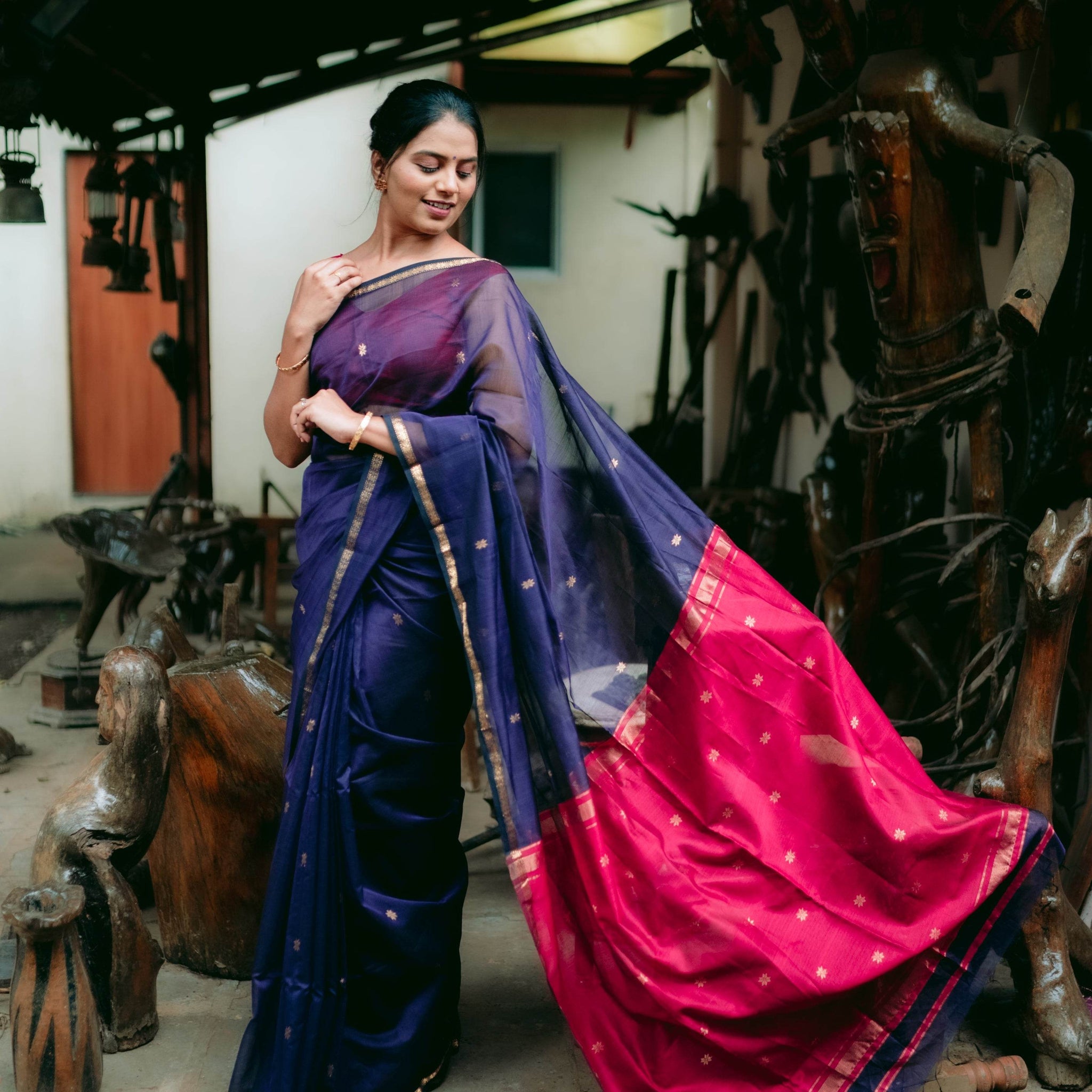 Traditional Maheshwari Saree with Golden Border - Royal Blue - Royal Blue / Cotton Silk - Laxha Clothing - www.laxhaclothing.com