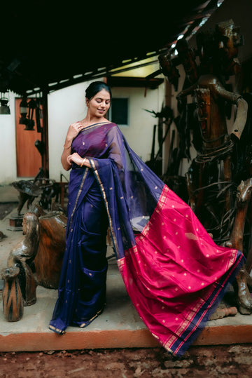 Traditional Maheshwari Saree with Golden Border - Royal Blue - Royal Blue / Cotton Silk - Laxha Clothing - www.laxhaclothing.com
