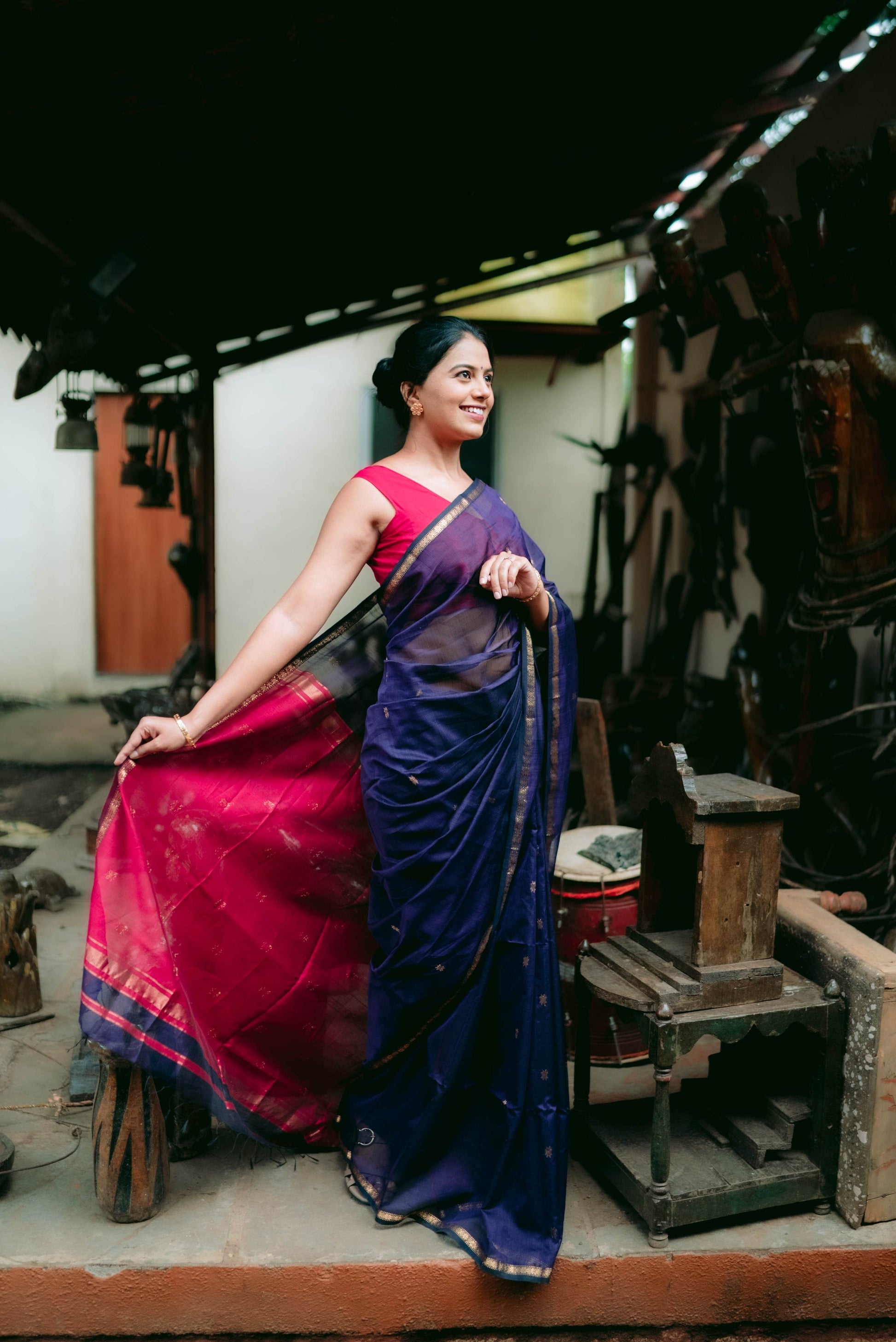 Traditional Maheshwari Saree with Golden Border - Royal Blue - Royal Blue / Cotton Silk - Laxha Clothing - www.laxhaclothing.com
