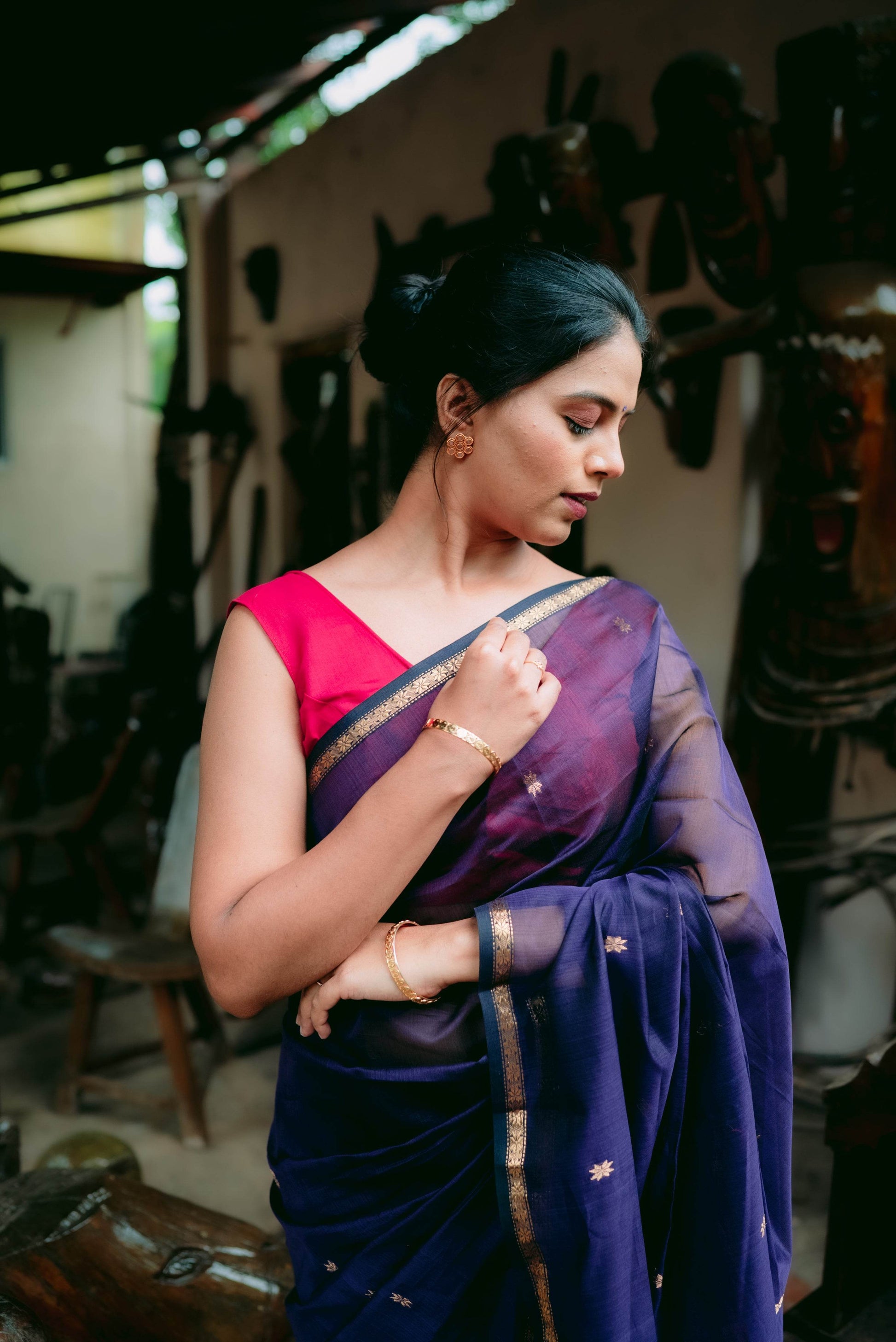 Traditional Maheshwari Saree with Golden Border - Royal Blue - Royal Blue / Cotton Silk - Laxha Clothing - www.laxhaclothing.com