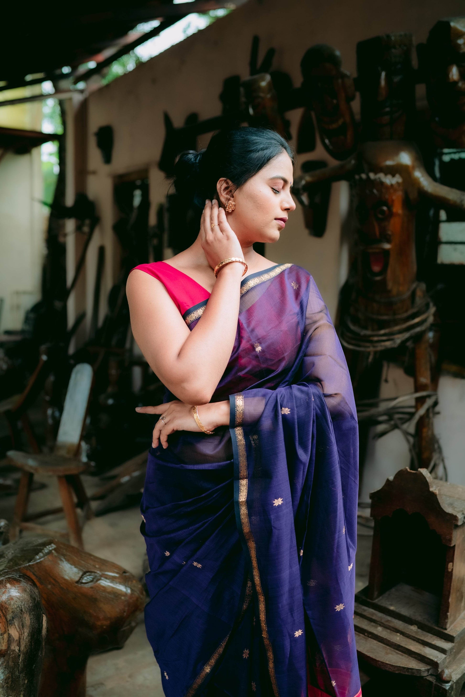 Traditional Maheshwari Saree with Golden Border - Royal Blue - Royal Blue / Cotton Silk - Laxha Clothing - www.laxhaclothing.com